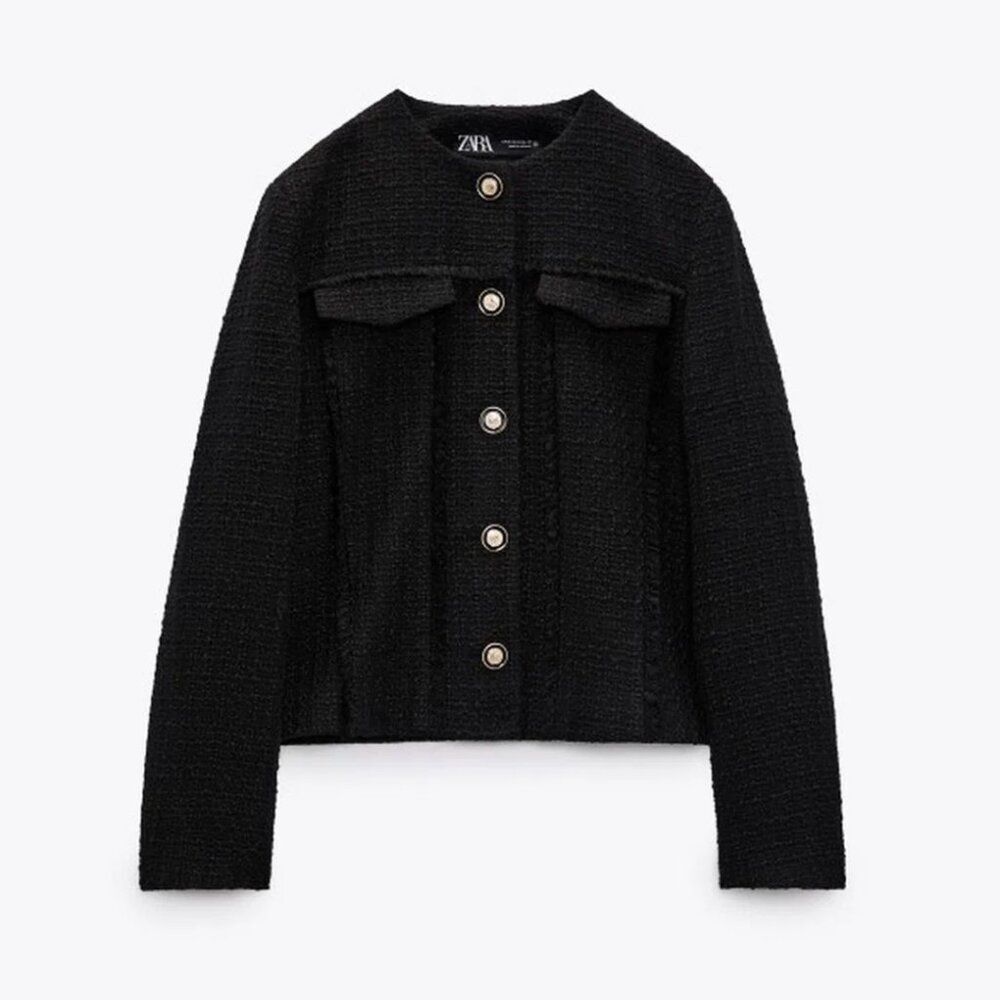 NWT Zara Structured Tweed Wool Blend Blazer Black Gold Buttons Size XS